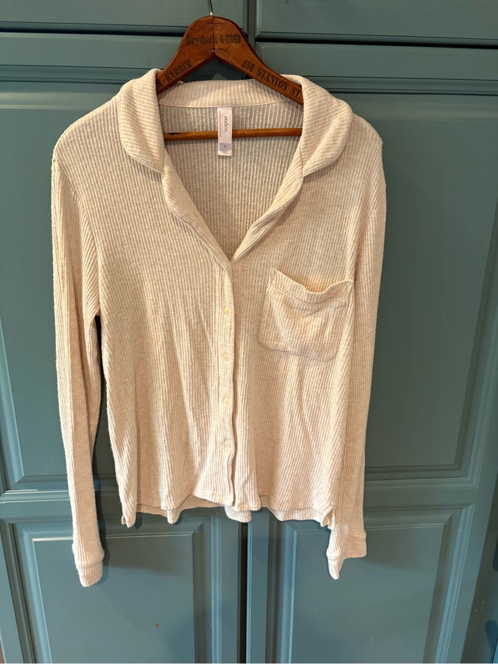 Auden Cream Ribbed Button-Up Pocket Top
